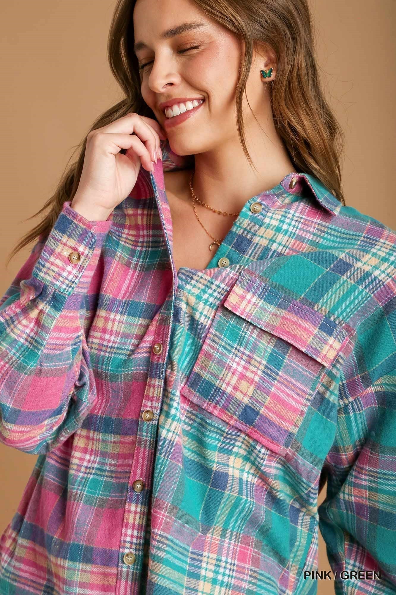 Mixed Pink/Green Plaid Boxy Cut Button Down Flannel With Front Pocket