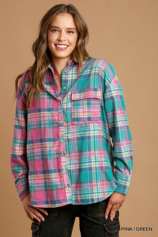 Mixed Pink/Green Plaid Boxy Cut Button Down Flannel With Front Pocket