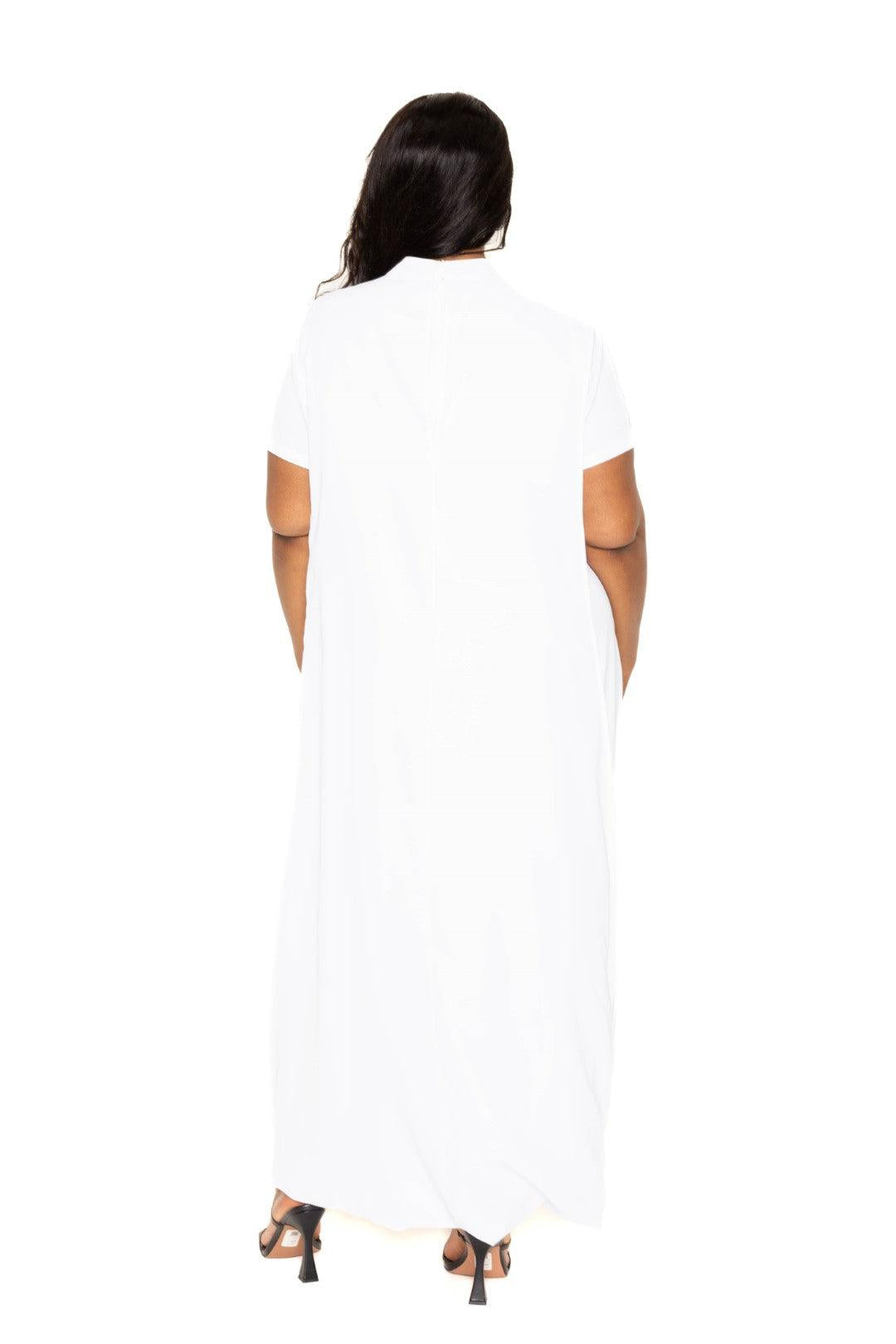 Mock neck back cape dress-White