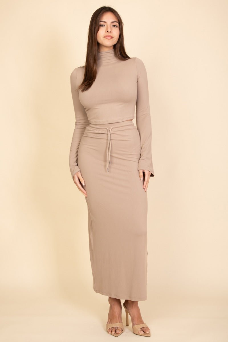 Mock Neck Bell Sleeve Crop Top & Maxi Skirt Set | Women's Outfit