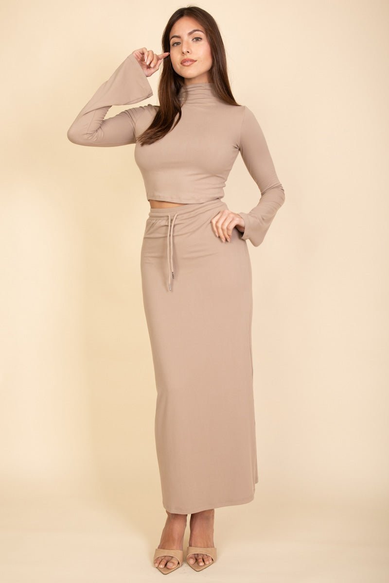 Mock Neck Bell Sleeve Crop Top & Maxi Skirt Set | Women's Outfit