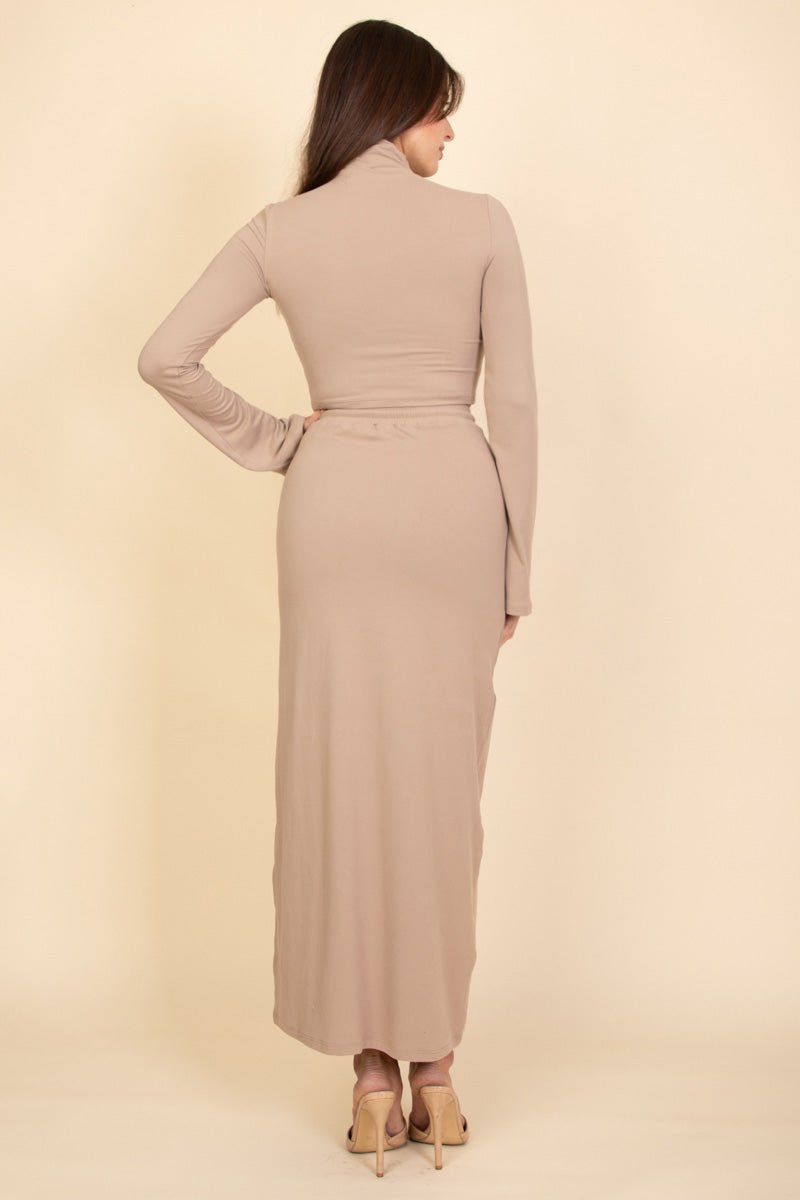 Mock Neck Bell Sleeve Crop Top & Maxi Skirt Set | Women's Outfit