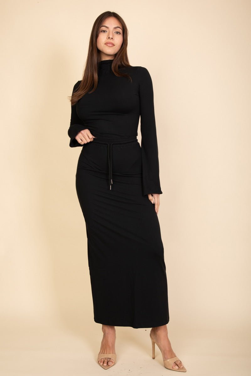 Mock Neck Bell Sleeve Crop Top & Maxi Skirt Set | Women's Outfit