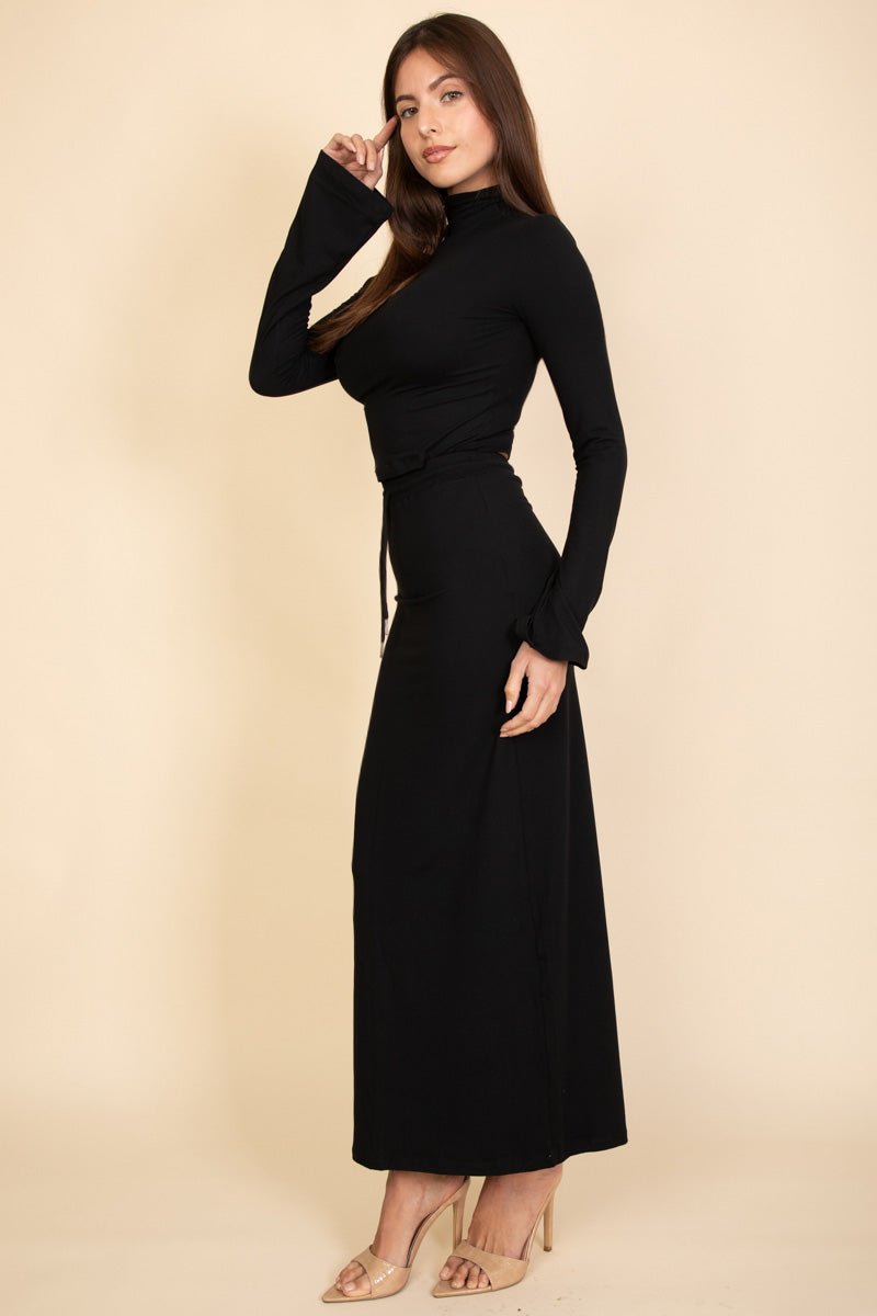 Mock Neck Bell Sleeve Crop Top & Maxi Skirt Set | Women's Outfit