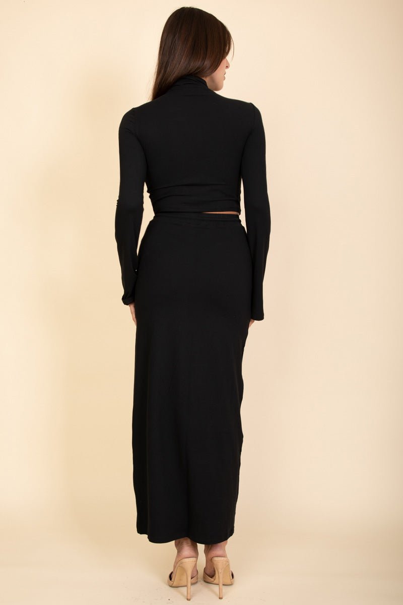 Mock Neck Bell Sleeve Crop Top & Maxi Skirt Set | Women's Outfit