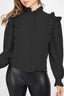 Mock Neck Ruffled Buttoned Top-Black