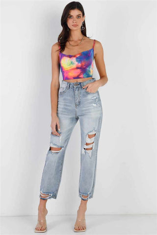 Multi Color Neon Tie-dye Lurex Cowl Neck Sleeveless Crop Top-Neon