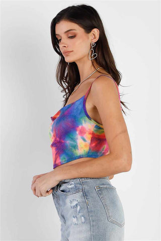 Multi Color Neon Tie-dye Lurex Cowl Neck Sleeveless Crop Top-Neon