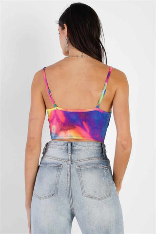 Multi Color Neon Tie-dye Lurex Cowl Neck Sleeveless Crop Top-Neon