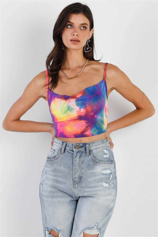 Multi Color Neon Tie-dye Lurex Cowl Neck Sleeveless Crop Top-Neon