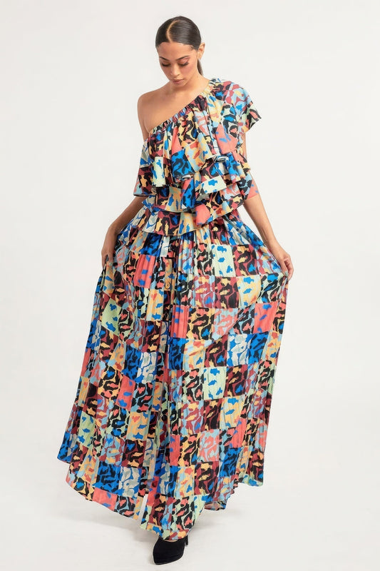 Multi Color Printed Ruffle Top And Pleated Skirt Set