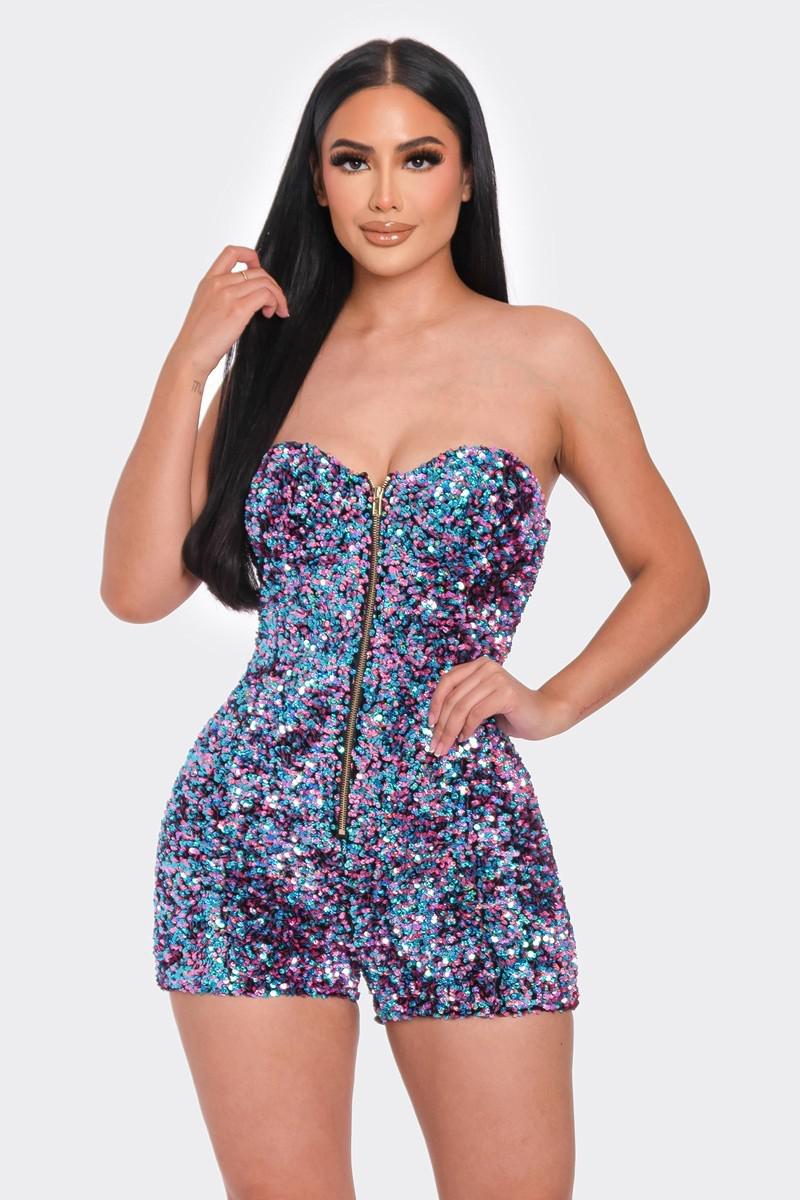 Multi Sequins Tube Top Romper-Blue Pink