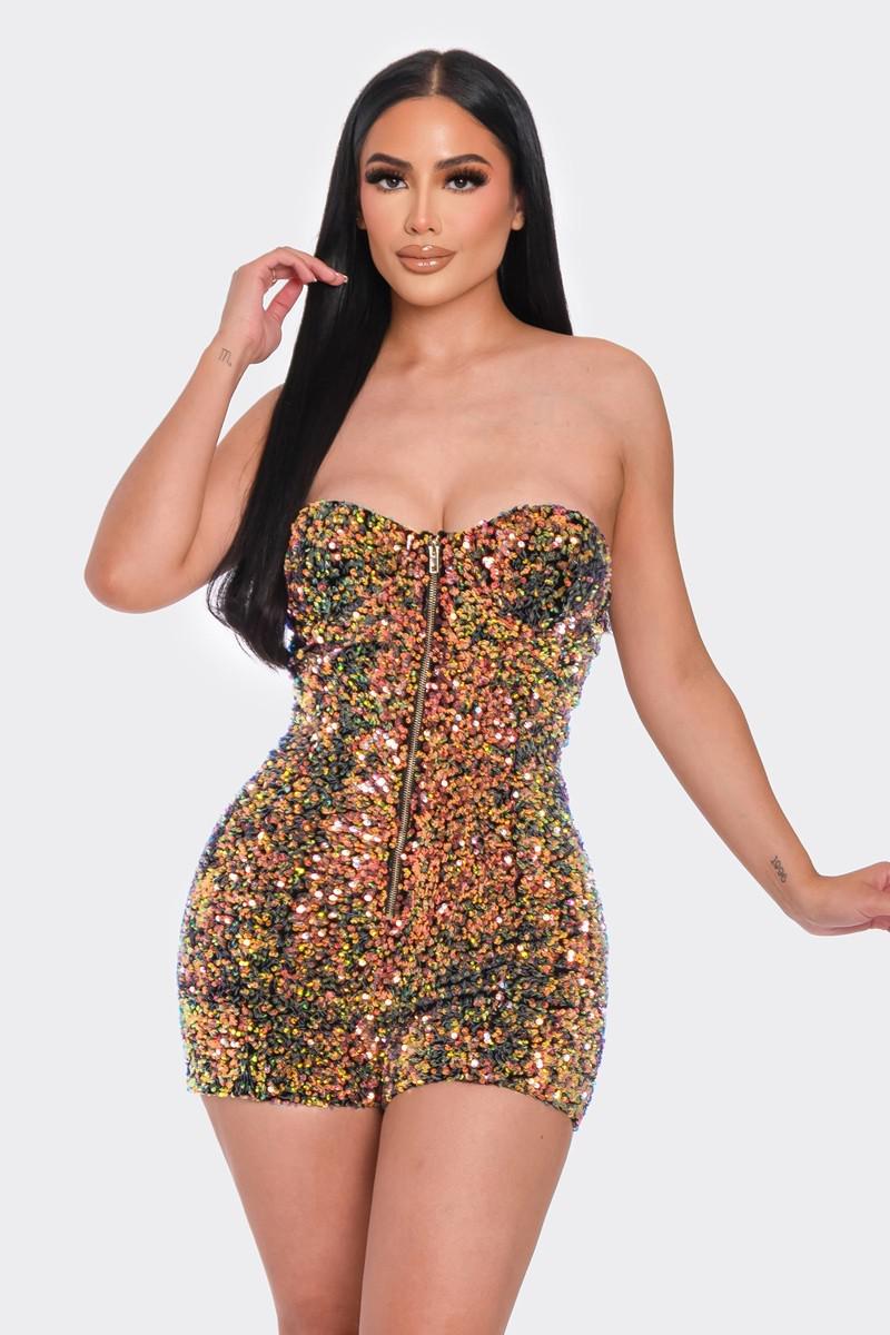 Multi Sequins Tube Top Romper-Gold Green