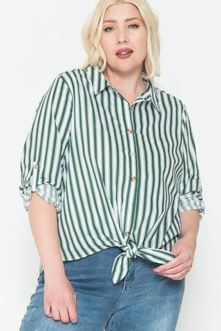 Multi Stripe Side Slit Cotton Shirt-Green
