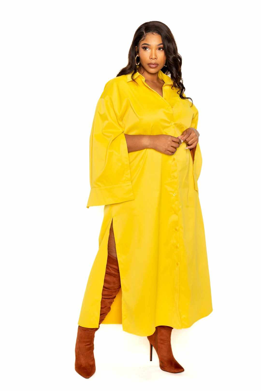 Mustard cape sleeve shirt dress in plus sizes, 100% polyester, showcasing elegant style and comfort for 1XL to 3XL sizes.