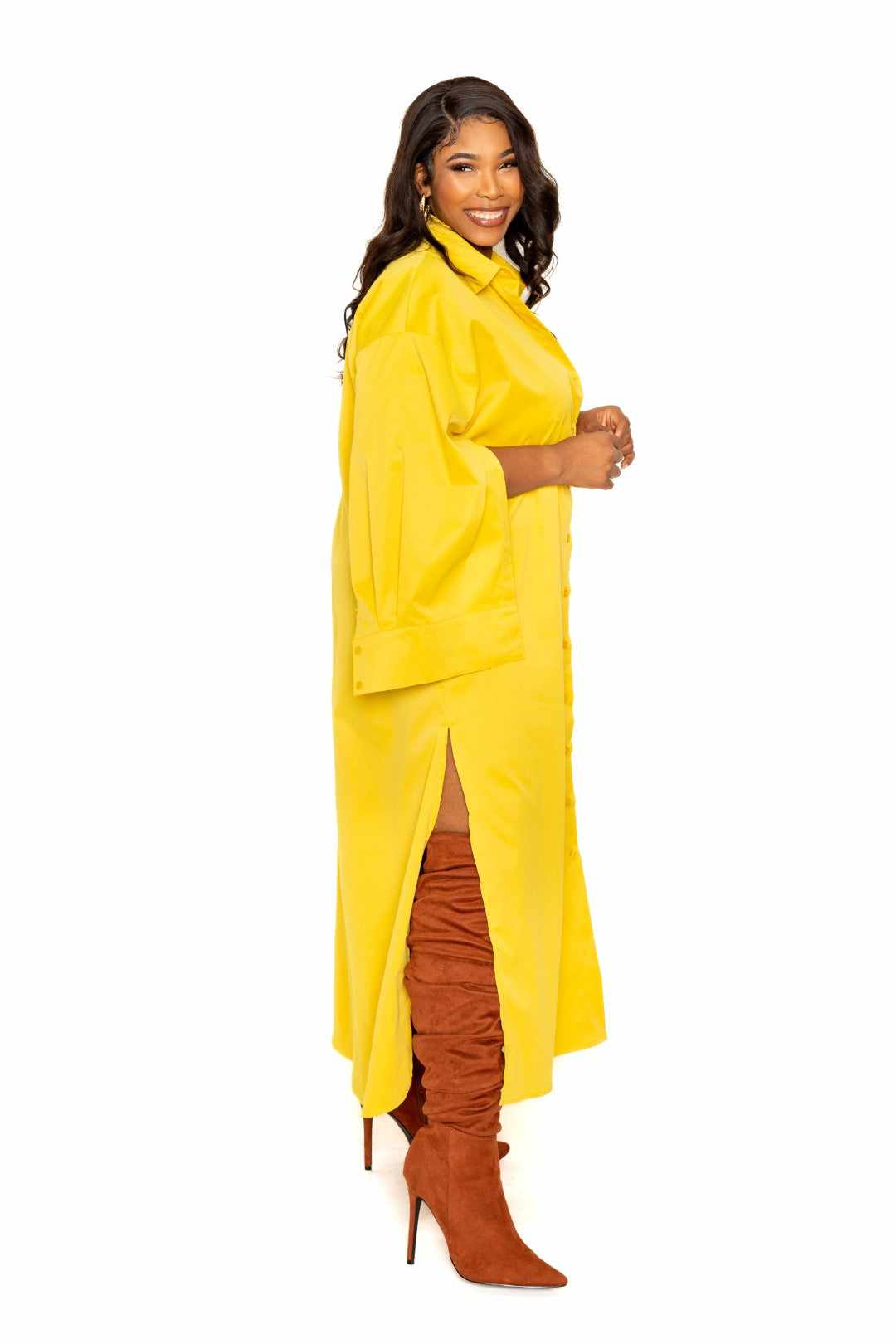 Mustard cape sleeve shirt dress in 1XL-3XL, featuring a stylish side slit, worn by a smiling woman with brown boots.