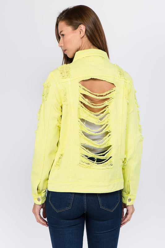 Neon distressed back button down denim jacket with edgy ripped design, perfect for layering in spring and summer styles.