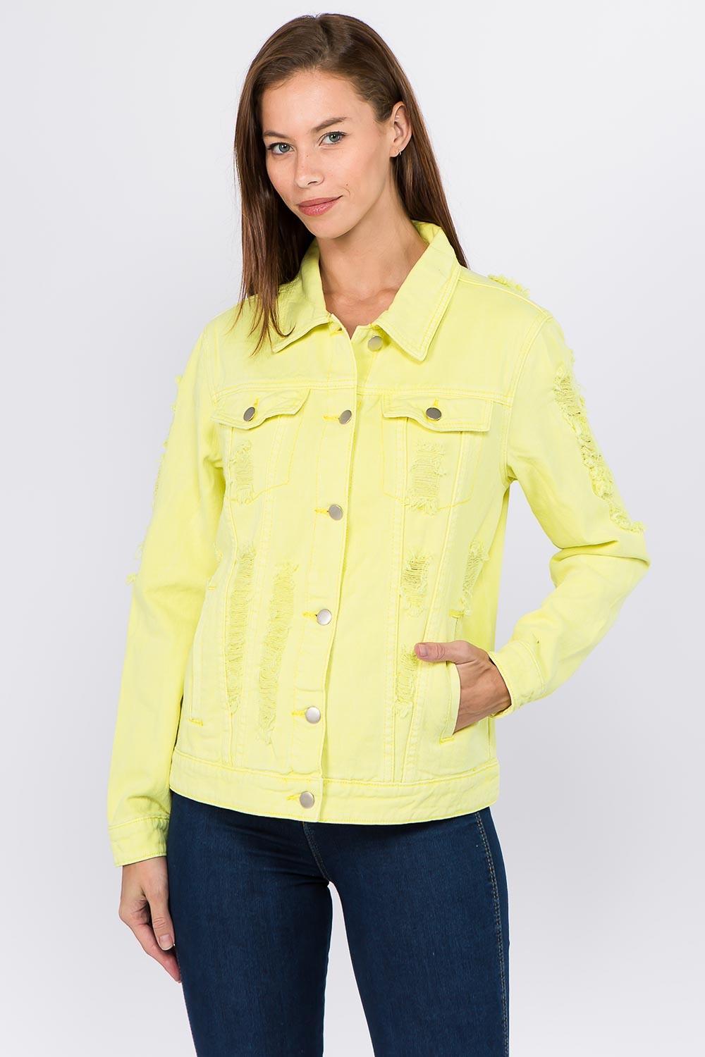 Neon distressed button-down denim jacket for women, perfect for layering with dresses, skirts, or jeans for a trendy look.