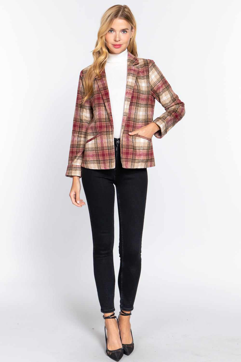 Notched Collar Plaid Jacket-Brown