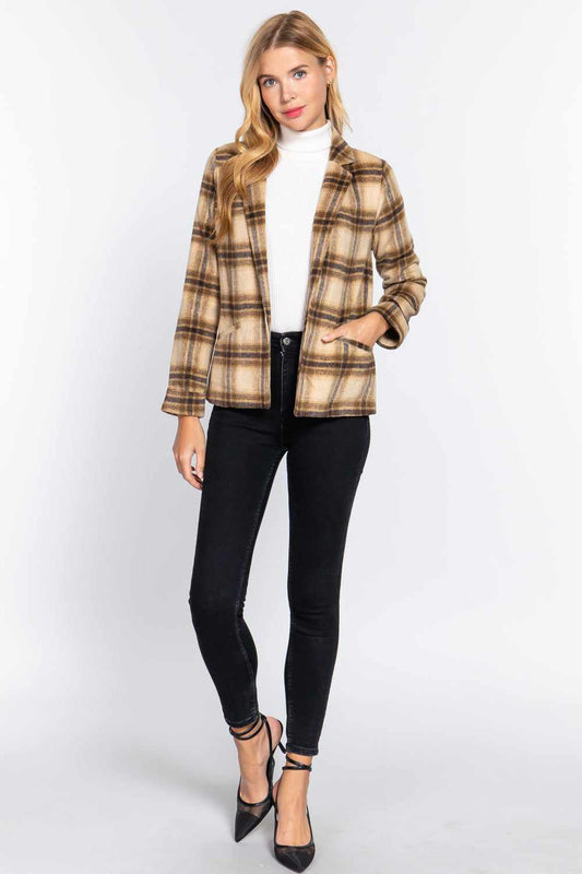 Notched Collar Plaid Jacket-Brown