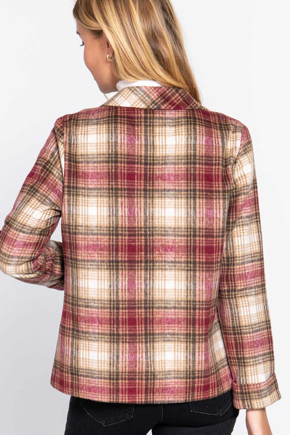 Notched Collar Plaid Jacket-Brown