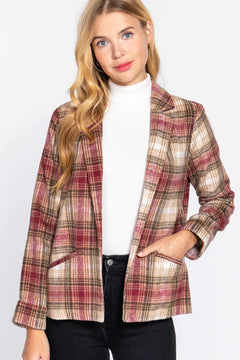 Notched Collar Plaid Jacket-Brown