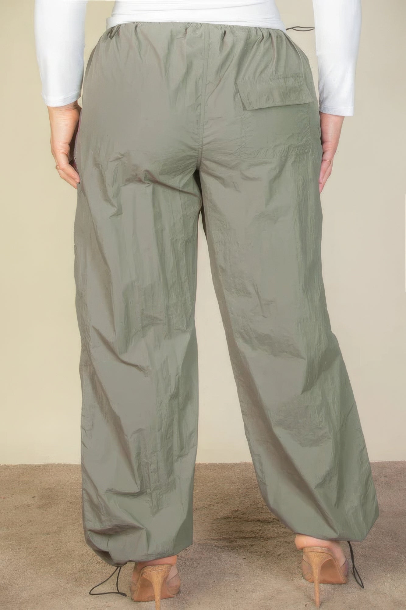 Plus Size Olive Green Parachute Pants with Drawstring Waist and Elastic Band Back View