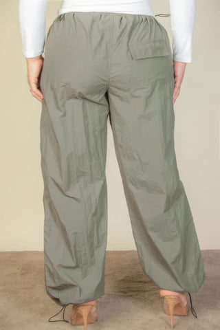 Plus Size Olive Green Parachute Pants with Drawstring Waist and Elastic Band Back View