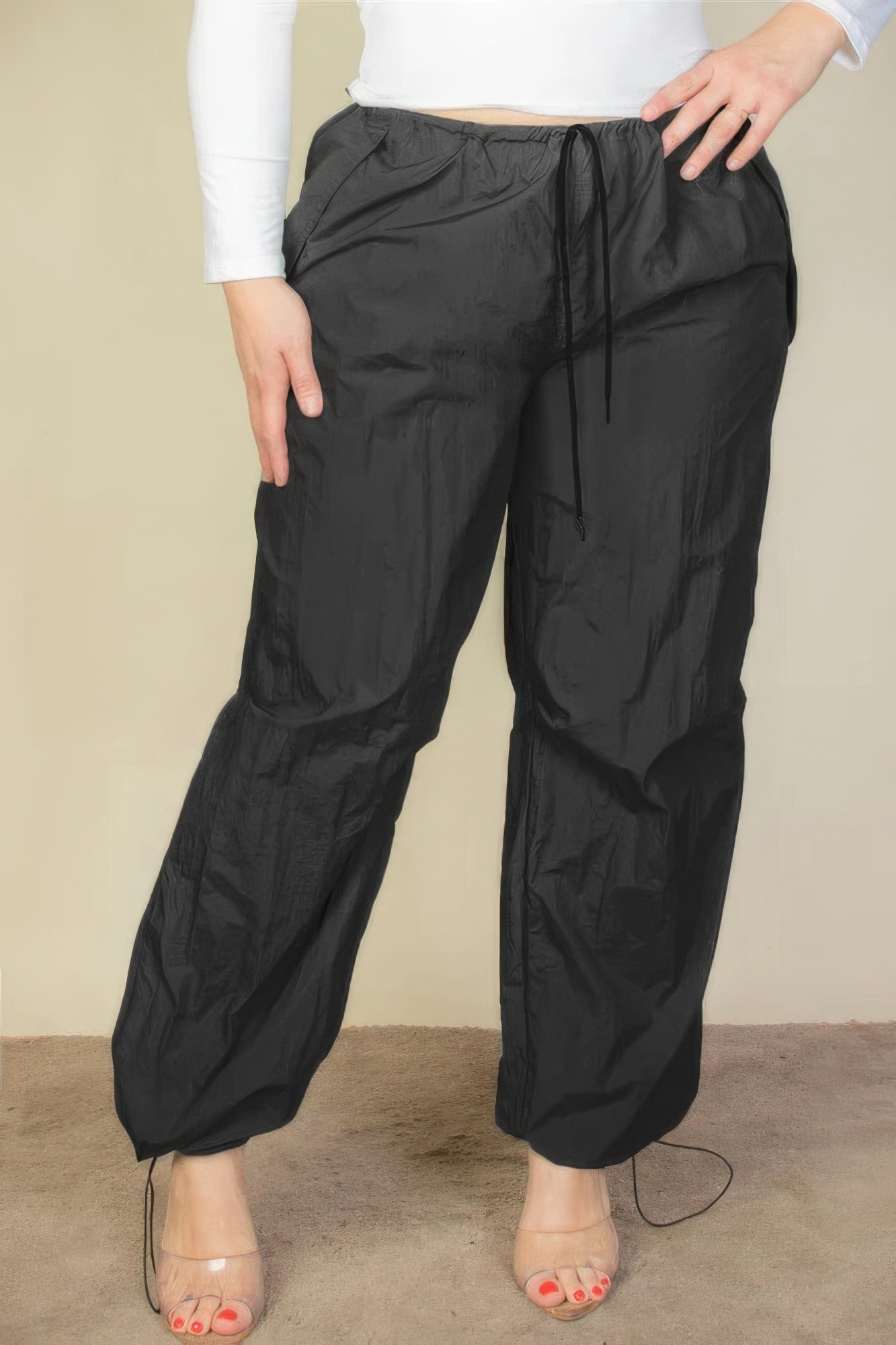 Plus Size Black Drawstring Waist Parachute Pants with Elastic Band and Front Pockets