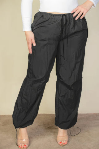 Plus Size Black Drawstring Waist Parachute Pants with Elastic Band and Front Pockets