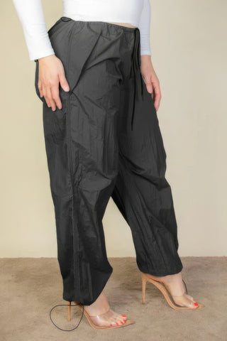 Plus Size Drawstring Waist Parachute Pants in Black 100% Nylon with Elastic Band and Pockets