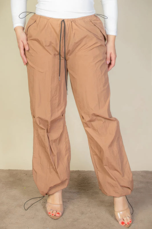 Plus Size Parachute Pants with Drawstring Waist in Brown Nylon Fabric
