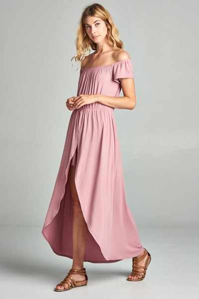 Mauve off shoulder romper with maxi overlay, stylish and comfortable USA-made outfit, featuring 95% rayon and 5% spandex.