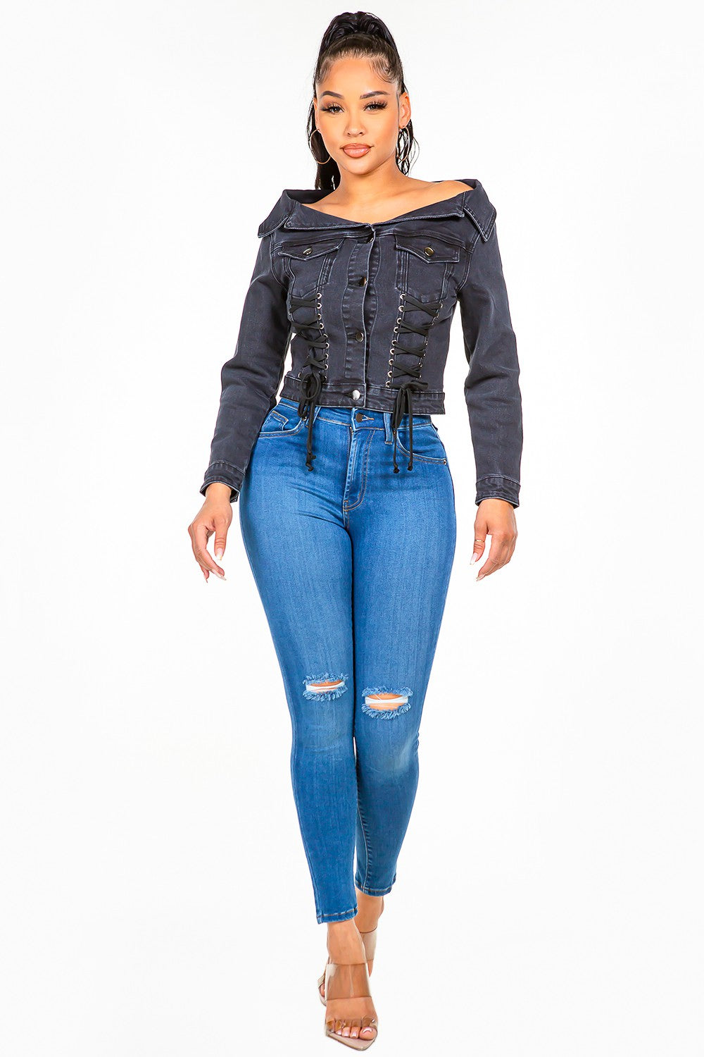 Stylish off-shoulder lace-up denim jacket with fitted silhouette and premium fabric for a trendy, versatile look.