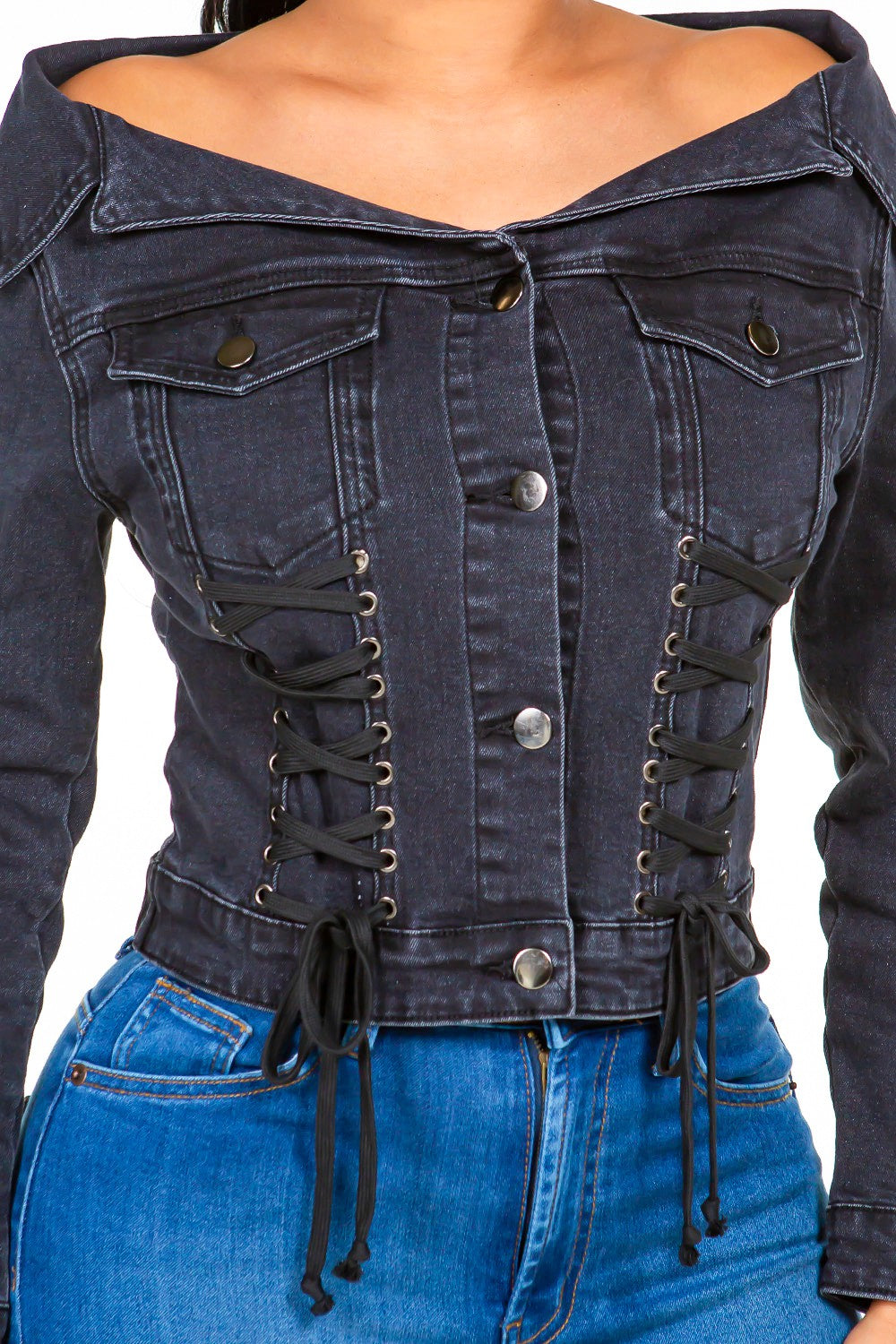 Off-shoulder denim jacket with lace-up front, trendy and versatile design, perfect for casual to dressy occasions