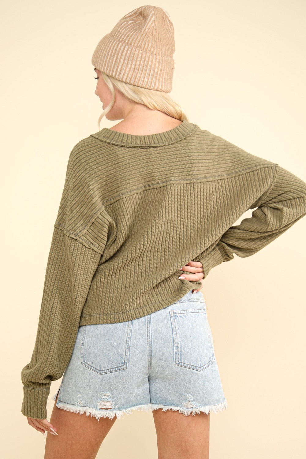 Olive Exposed Seam V-Neck Ribbed Knit Top