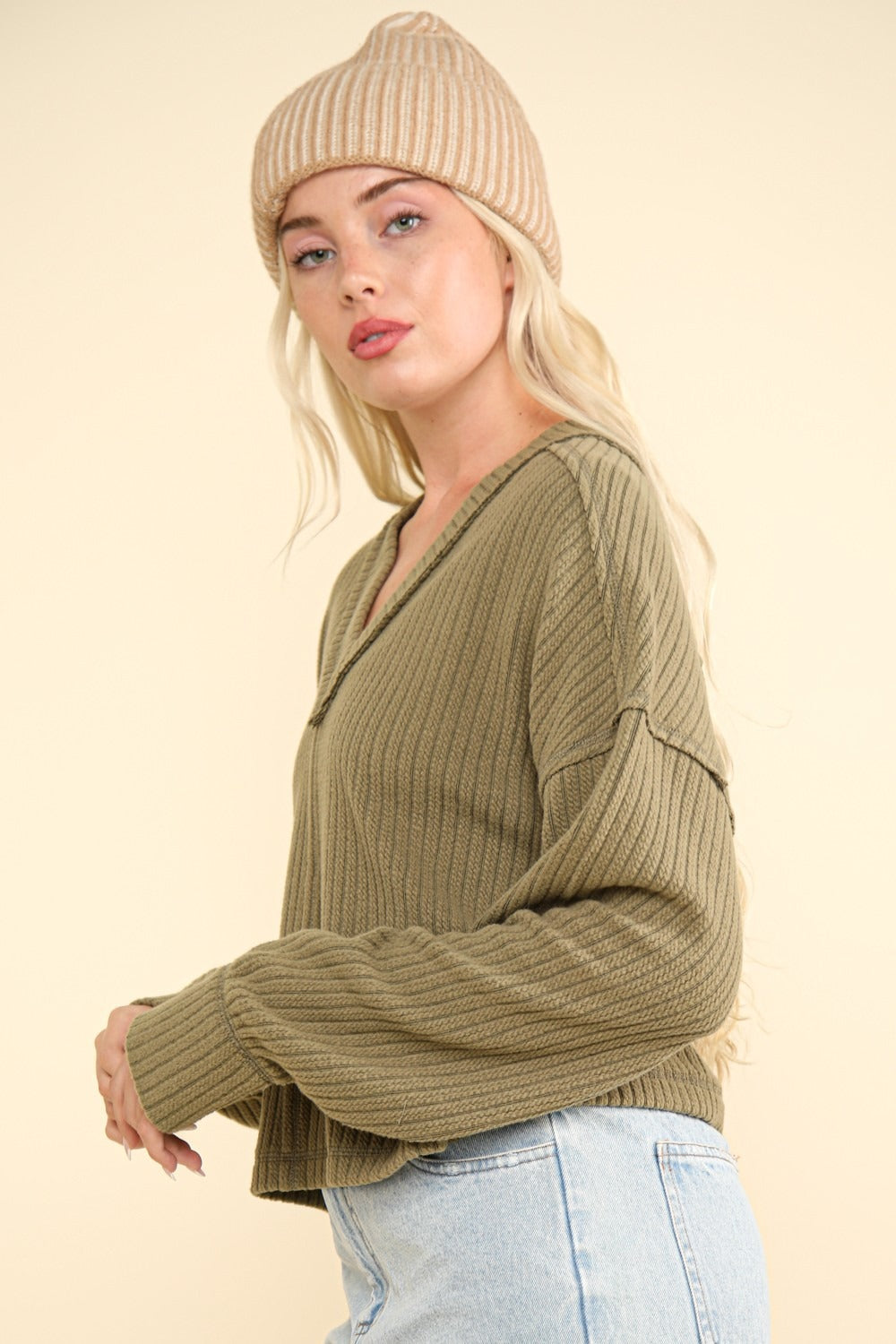 Olive Exposed Seam V-Neck Ribbed Knit Top