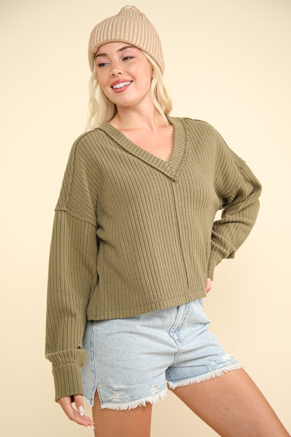 Olive Exposed Seam V-Neck Ribbed Knit Top