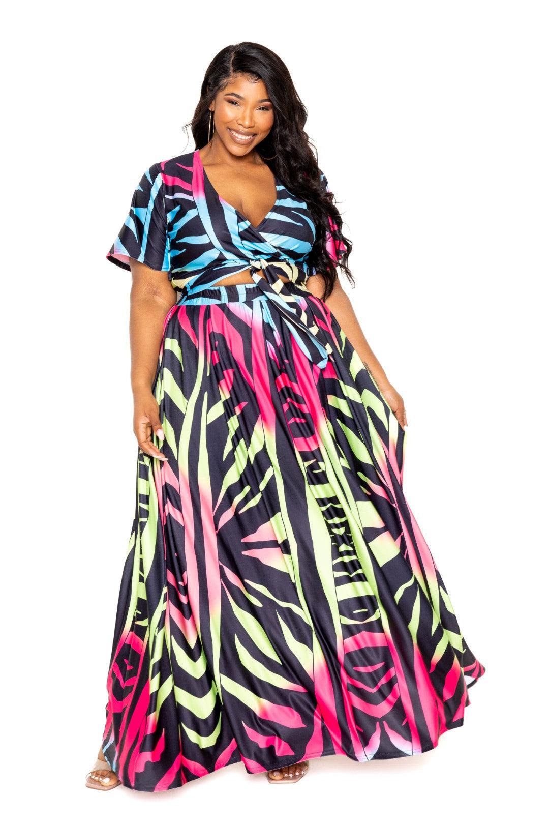 Plus size ombre animal print maxi skirt and top set in vibrant colors, available in sizes 1XL to 3XL, 100% polyester fabric.