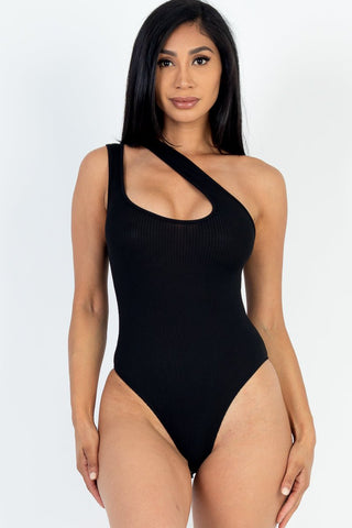 One Shoulder Cut Out Rib Knit Bodysuit | Sexy Going Out Top