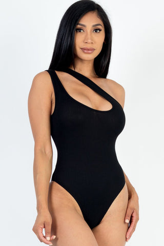 One Shoulder Cut Out Rib Knit Bodysuit | Sexy Going Out Top