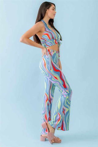 Open Back Crop Top & High Waist Pants Set-Blue