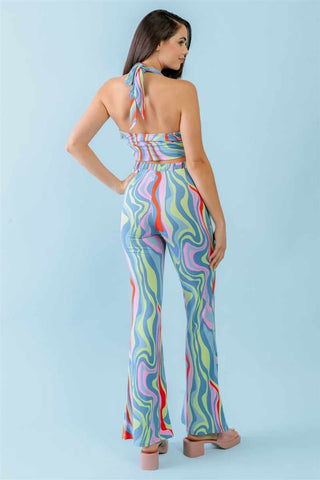 Open Back Crop Top & High Waist Pants Set-Blue