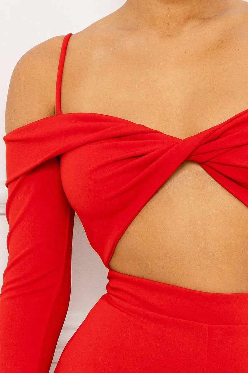 Open Shoulder Cutout Detail Jumpsuit-Red