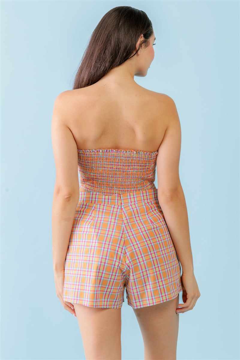 Orange & Aqua Crop Top & High Waist Shorts Set-Orange