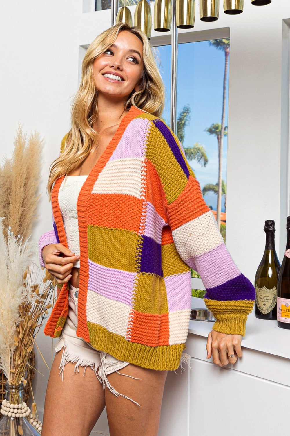 Orange Checkered Color Block Open Front Cardigan | Stunning