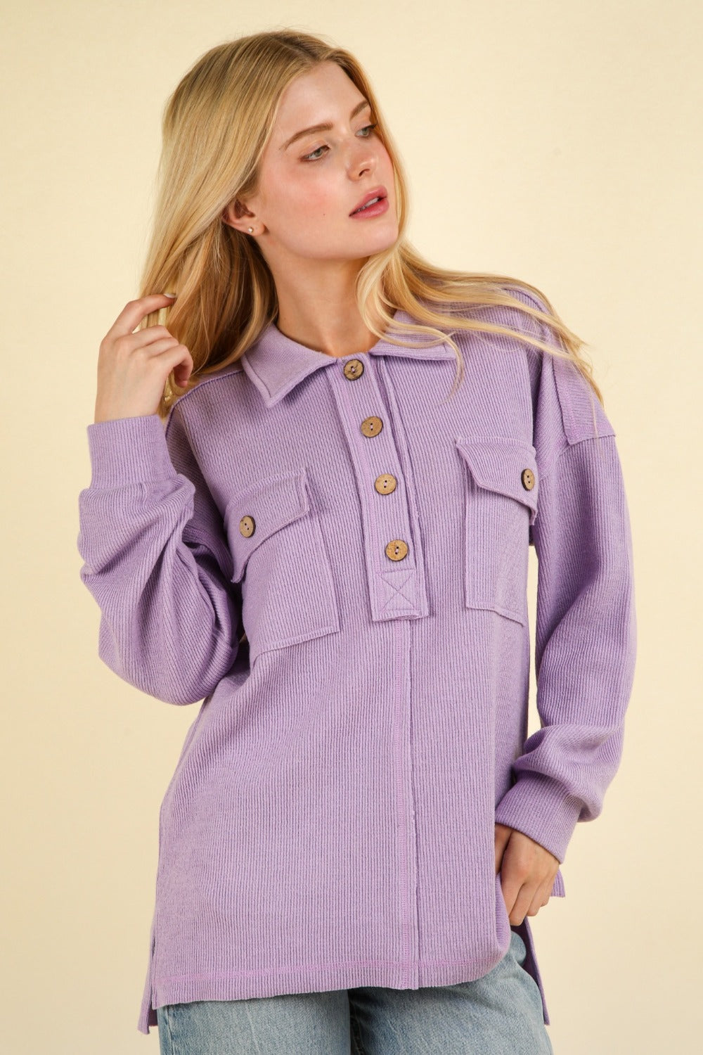 Orchid Collared Half Button Knit Top with Pockets