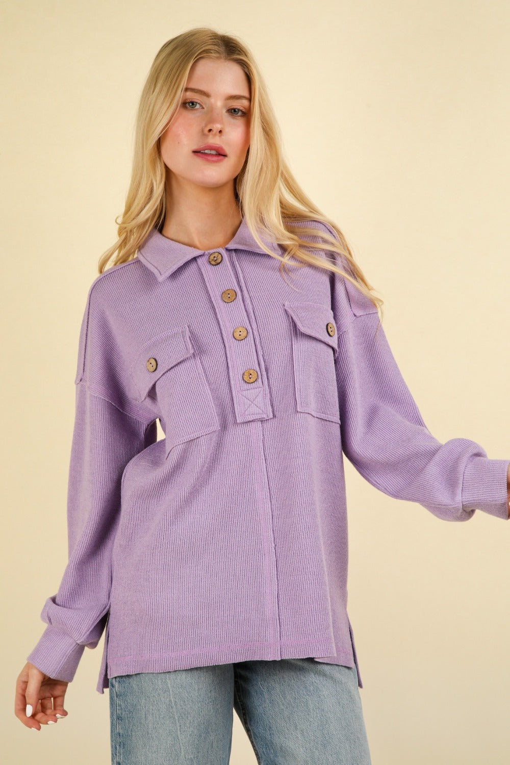 Orchid Collared Half Button Knit Top with Pockets