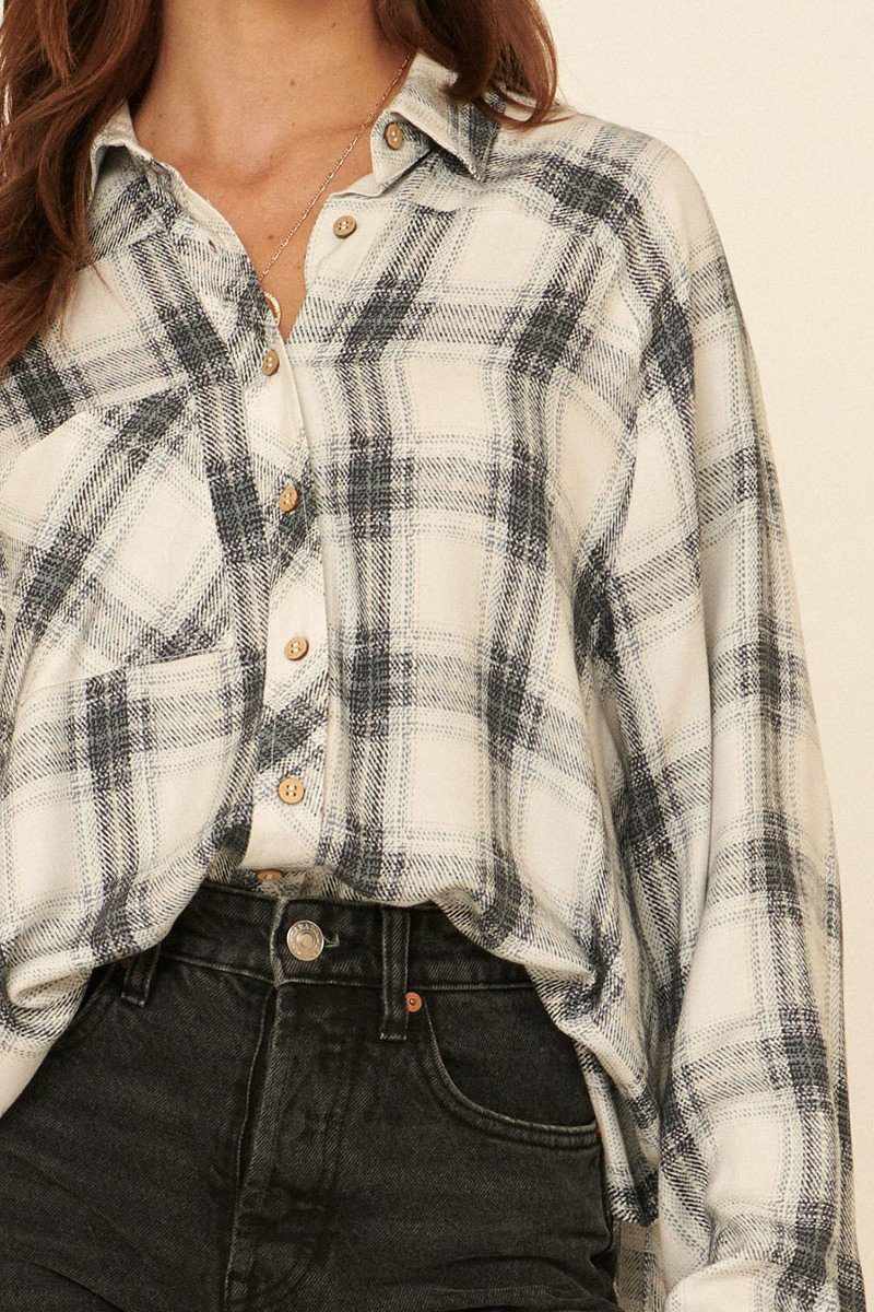 Oversized Loose Fit Plaid Shirt-Grey