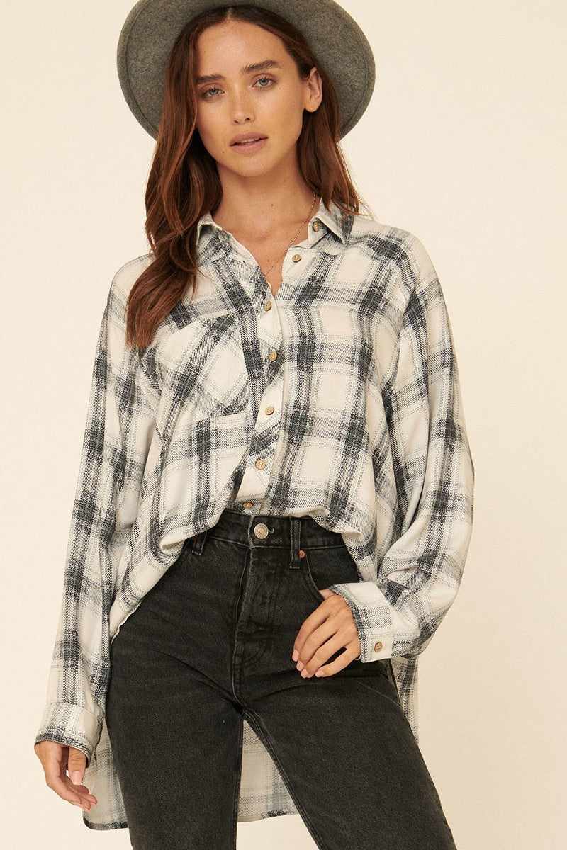 Oversized Loose Fit Plaid Shirt-Grey